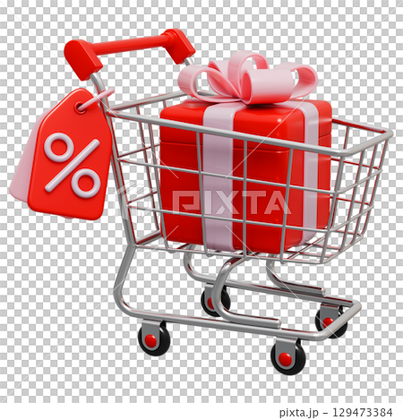 Shopping Trolley Cart With Percentage Tag And Gift Box 129473384