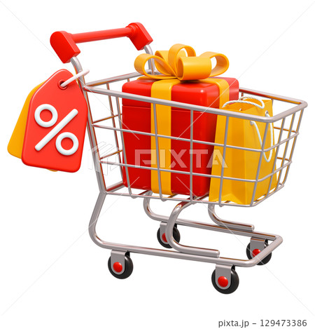 Shopping Trolley Cart With Percentage Tag And Gift Box 129473386