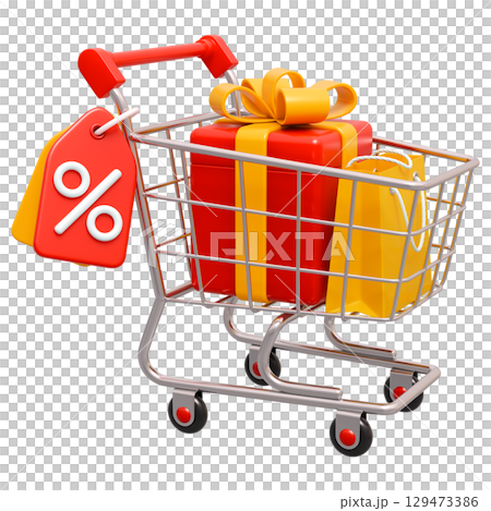 Shopping Trolley Cart With Percentage Tag And Gift Box 129473386
