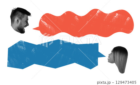 Man and woman in creative conversation collage with speech bubbles and copy space 129473405