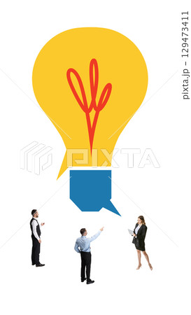 Surreal collage art of business team discussing creative idea with speech bubble and light bulb 129473411