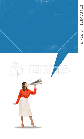 Creative collage of woman shouting into megaphone with speech bubble copy space 129473412