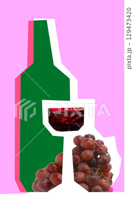 Creative digital artwork of wine bottle and grapes cutout with splash in glass and pastel background copy space. 129473420