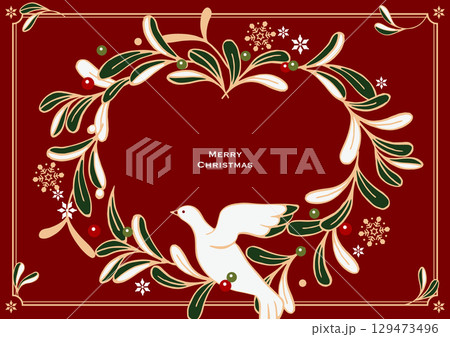 クリスマスのベクターイラスト。ヤドリギの葉っぱでできたクリスマスリースと、幸運の白い鳩。 129473496