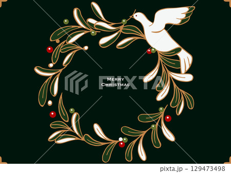 クリスマスのベクターイラスト。ヤドリギの葉っぱでできたクリスマスリースと、幸運の白い鳩。 129473498
