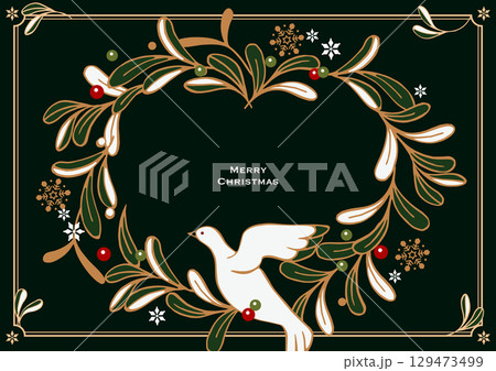 クリスマスのベクターイラスト。ヤドリギの葉っぱでできたクリスマスリースと、幸運の白い鳩。 129473499