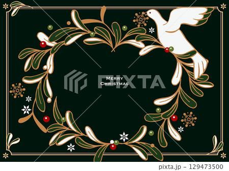 クリスマスのベクターイラスト。ヤドリギの葉っぱでできたクリスマスリースと、幸運の白い鳩。 129473500