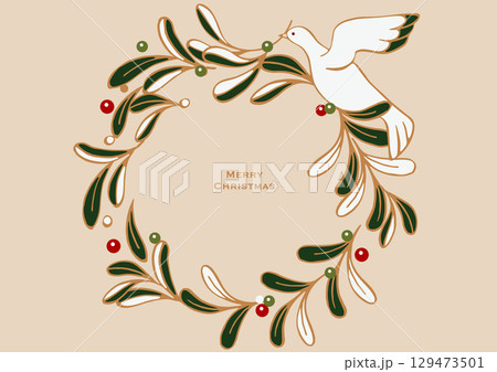 クリスマスのベクターイラスト。ヤドリギの葉っぱでできたクリスマスリースと、幸運の白い鳩。 129473501
