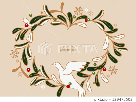 クリスマスのベクターイラスト。ヤドリギの葉っぱでできたクリスマスリースと、幸運の白い鳩。 129473502