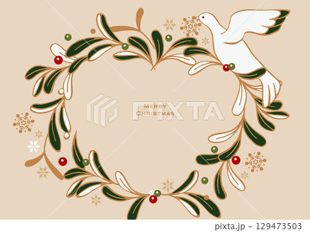 クリスマスのベクターイラスト。ヤドリギの葉っぱでできたクリスマスリースと、幸運の白い鳩。 129473503