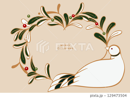クリスマスのベクターイラスト。ヤドリギの葉っぱでできたクリスマスリースと、幸運の白い鳩。 129473504