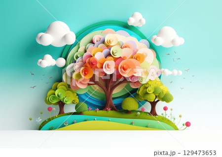 colorful fantasy tree paper art illustration 129473653