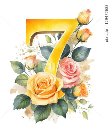 Watercolor yellow number 7 decorated with flowers on white isolated background. Birthday 7 years. Romantic 129473682