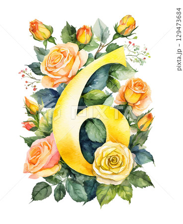 Watercolor yellow number 6 decorated with flowers on white isolated background. Birthday 6 years. Romantic 129473684