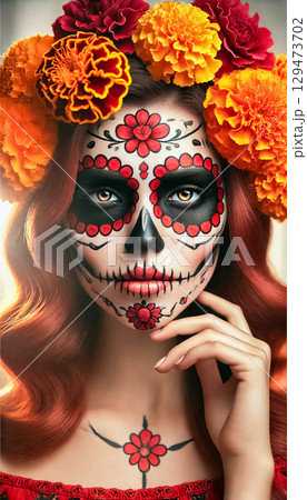 A medium-shot portrait captures a woman in vibrant Dia de los Muertos makeup, blending black, white, and red details. Her marigold and white rose flower crown adds elegance, as she stands against a 129473702