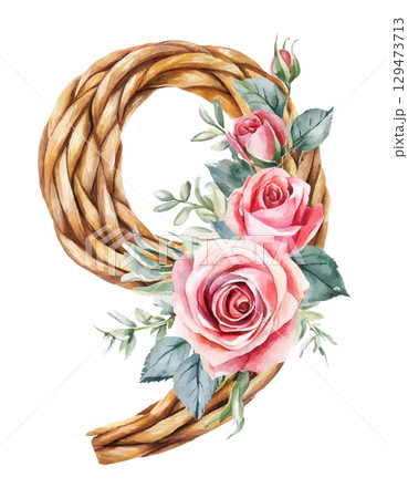 Watercolor wooden numbers decorated with flowers roses set 1,2,3,4,5,6,7,8,9 on white isolated background. Birthday. 129473713