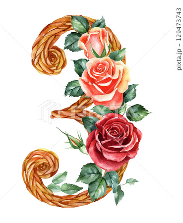 Watercolor wooden numbers decorated with flowers roses set 1,2,3,4,5,6,7,8,9 on white isolated background. Birthday. 129473743