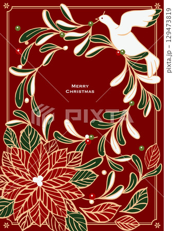 クリスマスのベクターイラスト。ヤドリギとポインセチアでできたクリスマスリースと、幸運の白い鳩。 129473819