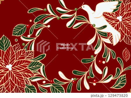 クリスマスのベクターイラスト。ヤドリギとポインセチアでできたクリスマスリースと、幸運の白い鳩。 129473820