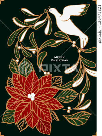 クリスマスのベクターイラスト。ヤドリギとポインセチアでできたクリスマスリースと、幸運の白い鳩。 129473821