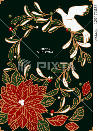 クリスマスのベクターイラスト。ヤドリギとポインセチアでできたクリスマスリースと、幸運の白い鳩。 129473822