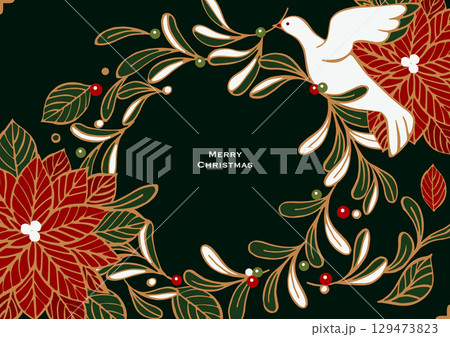 クリスマスのベクターイラスト。ヤドリギとポインセチアでできたクリスマスリースと、幸運の白い鳩。 129473823