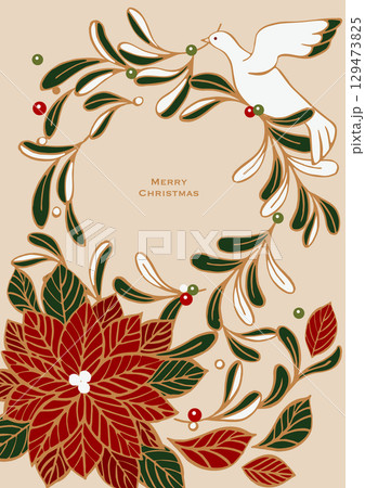 クリスマスのベクターイラスト。ヤドリギとポインセチアでできたクリスマスリースと、幸運の白い鳩。 129473825