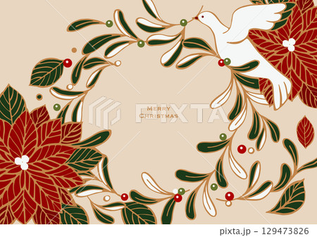 クリスマスのベクターイラスト。ヤドリギとポインセチアでできたクリスマスリースと、幸運の白い鳩。 129473826
