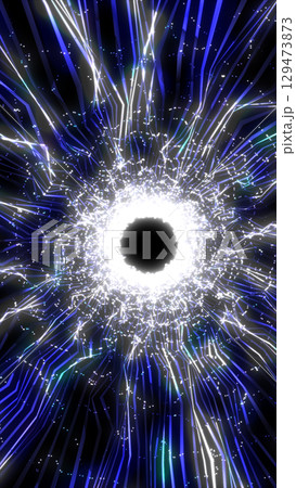 Futuristic burst of light and lines radiating from a dark center, resembling a high-energy digital explosion 129473873