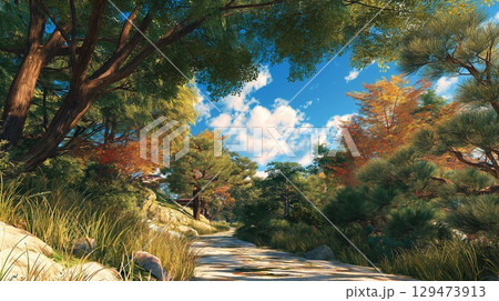 夏から秋へ、青空と色づき始めた木々が美しい田舎道 129473913