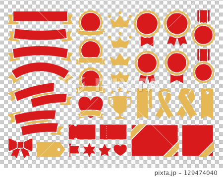 皇冠、獎章、絲帶裝飾、獎章和其他獎項和表彰裝飾圖標集向量插圖 129474040