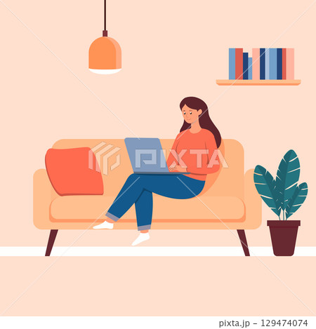 freelance woman using laptop on sofa at home office flat design vector illustration work from home background 129474074