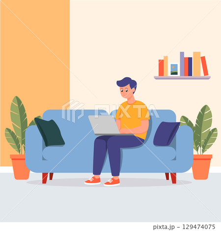 freelance man using laptop on sofa at home office flat design vector illustration work from home background freelance man using laptop on sofa at home office flat design vector illustration work from home background 129474075