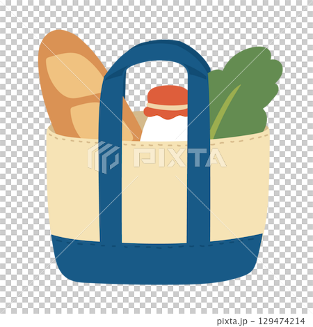 パンと牛乳とほうれん草の入ったショッピングバッグイラスト 129474214