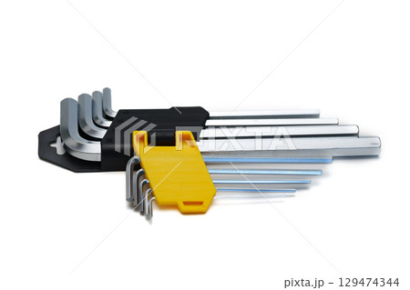Set of hex imbus keys made of durable steel with tempering on a white background 129474344