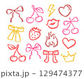 Ribbon bow, cherry, heart shape, kissing lips, flame, strawberry, queen crown. Whimsy coquette hand drawn contour stickers look like crayon drawing 129474377