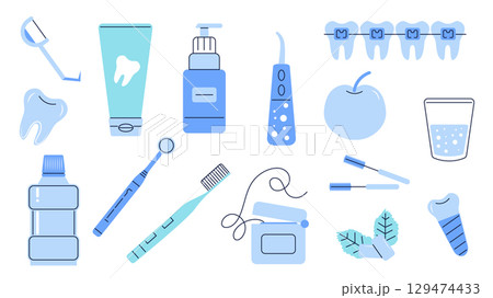 Teeth care tools set of isolated elements. Collection of floss, toothpaste, irrigator, tooth braces, water glass, brushes, electric toothbrush, mint chewing gum, more equipment. Vector illustration. 129474433