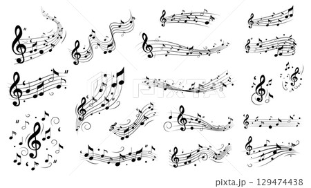 Music notes waves set of isolated elements. Collection of black musician composition flying and flowing, abstract musical melody patterns, classical symphony song vignetting. Vector illustration. Music notes waves set of isolated elements. Collection of black musician composition flying and flowing, abstract musical melody patterns, classical symphony song vignetting. Vector illustration. 129474438