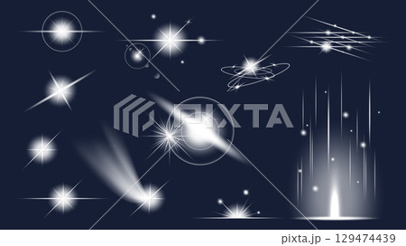 Light effects set of isolated elements. Collection of white glow stars and sparks with lens flare, shiny falling sparkles, moving magic fireballs, night comets with trails. Vector illustration. Light effects set of isolated elements. Collection of white glow stars and sparks with lens flare, shiny falling sparkles, moving magic fireballs, night comets with trails. Vector illustration. 129474439