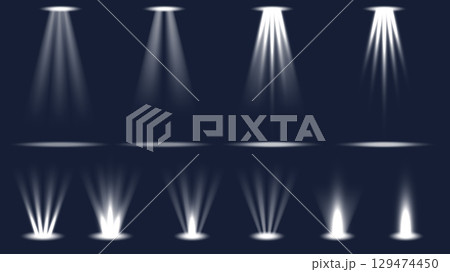 Light effects set of isolated elements. Collection of transparent white spotlights, focused stage floodlights, theatrical visual dramatic lightings and performance backlights. Vector illustration. 129474450
