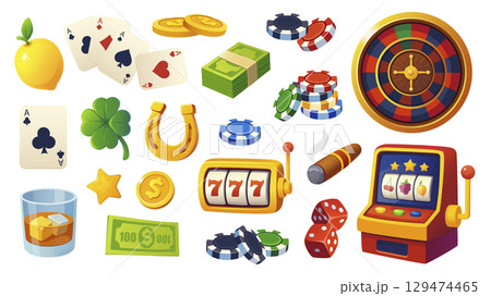 Casino gambling set of isolated elements. Collection of lemon fruit, playing card, aces, coins, money cash, chips, fortune wheel, lucky clover and horseshoe, slot machines, more. Vector illustration. 129474465