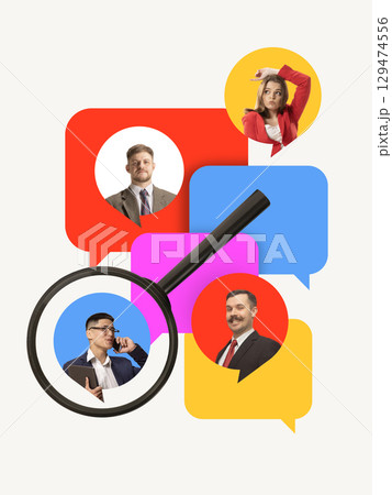 Business recruitment collage with magnifying glass and speech bubbles Business recruitment collage with magnifying glass and speech bubbles 129474556