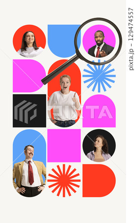 Geometric collage with magnifying glass highlighting male candidate Geometric collage with magnifying glass highlighting male candidate 129474557