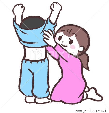お母さんと着替える子供のイラスト お母さんと着替える子供のイラスト 129474671