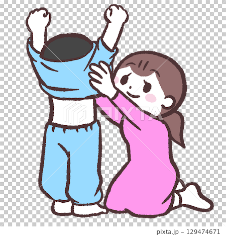お母さんと着替える子供のイラスト お母さんと着替える子供のイラスト 129474671