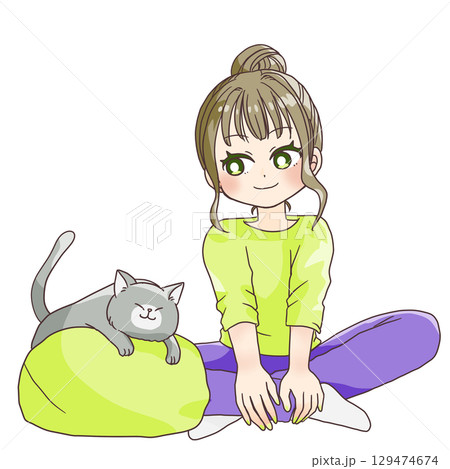 リラックスして猫と過ごす女性のポップなイラスト 129474674