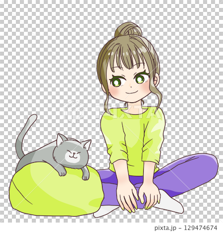 リラックスして猫と過ごす女性のポップなイラスト 129474674