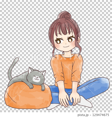 リラックスして猫と遊ぶ女の子の水彩風イラスト 129474675