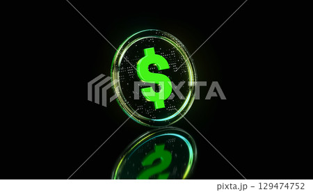 Futuristic neon Green transparent glass Dollar Coin on dark background. 3D Digital Currency Concept 129474752