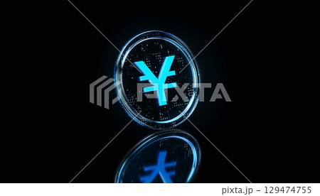 Futuristic blue transparent glass Yen Coin on dark background. 3D Digital Currency Concept 129474755